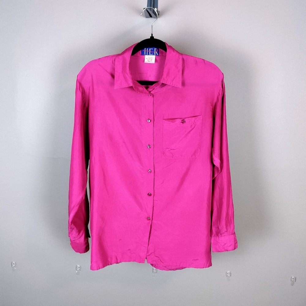 Vintage‎ 100% Silk Button Down Shirt HER Small Magenta Pink Long Sleeve